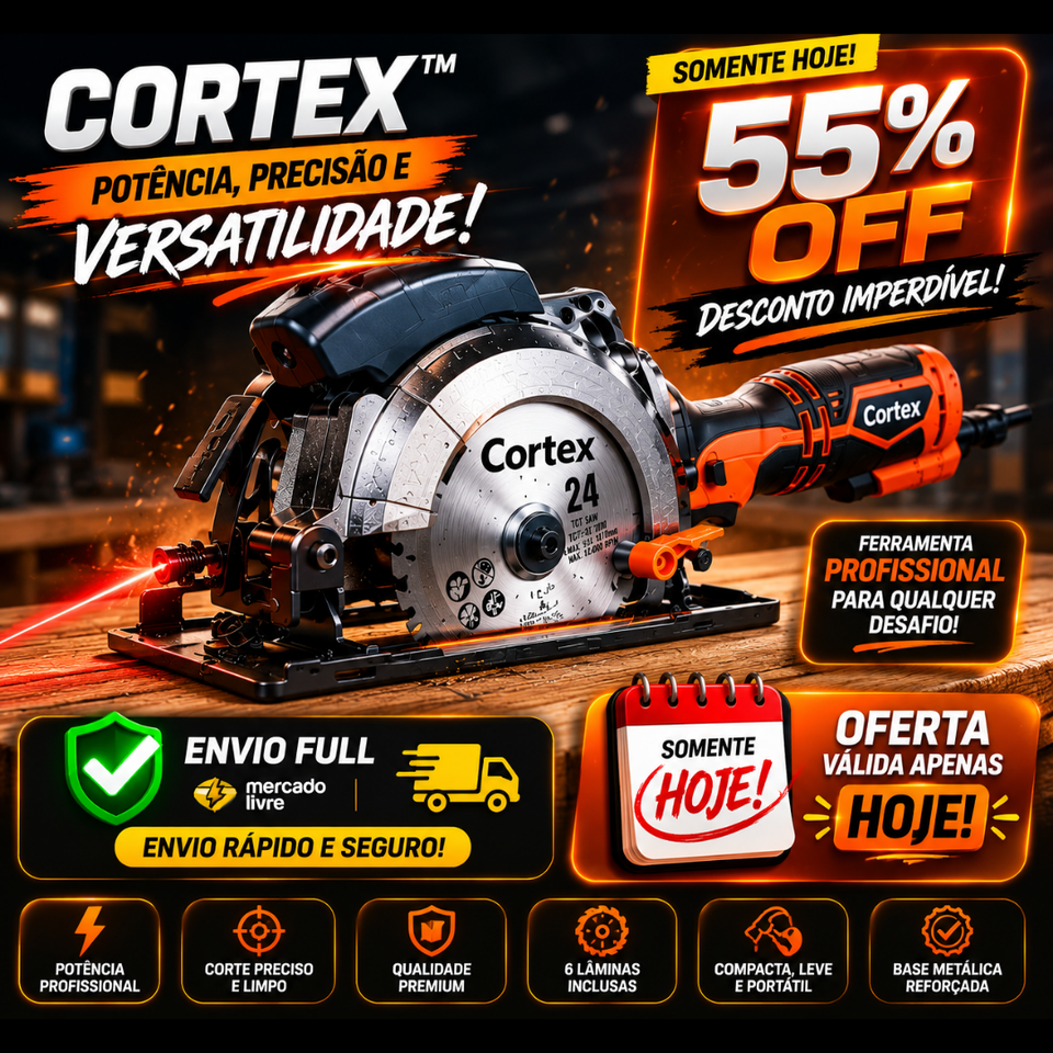 Serra Elétrica Circular Cortex Multiuso, 6 Lâminas Inclusas + BRINDES: Óculos de Proteção e Trena 10 Metros